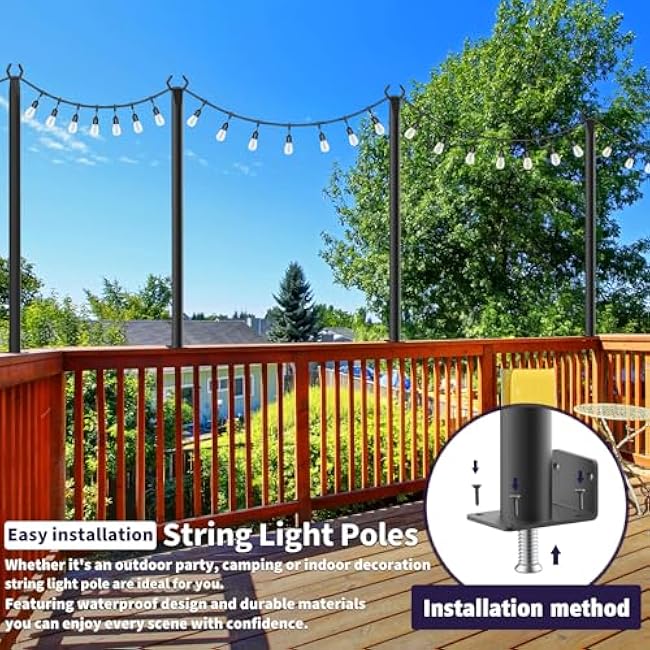 AILBTON 4 Pack 5Ft String Light Poles,Light Poles for Outside String Lights,Outdoor Light Poles with Fence Bracket,Metal Pole Stand for Patio,Backyard,Deck
