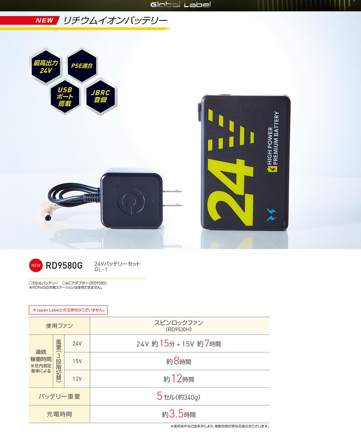 【新品未使用】サンエス 24VバッテリーセットGL－1　 RD9580G メーカー保証付】 空調風神服 GlobalLabel 24V仕様 RD9580G