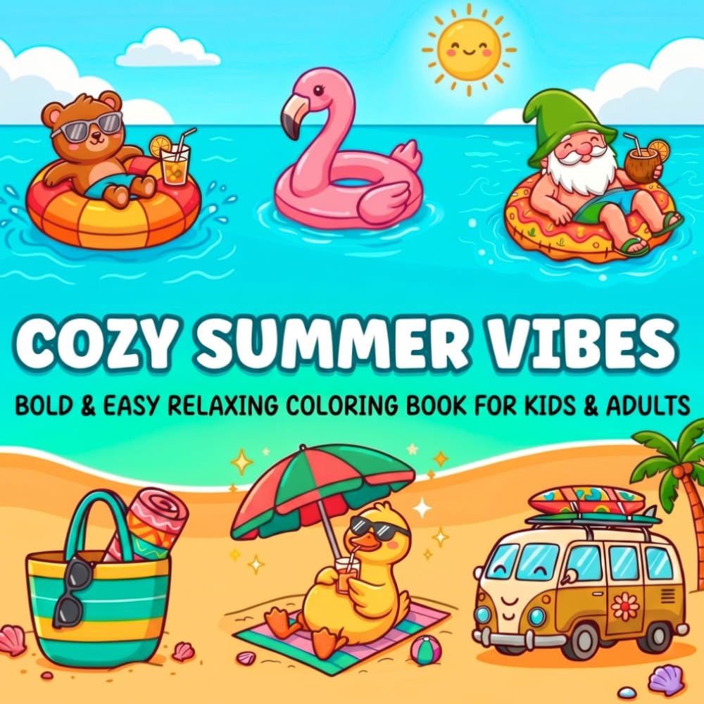 Cozy Summer Vibes: Bold & Easy Coloring Book for Kids & Adults – Cute Kawaii Beach Scenes & Relaxing Stress Relief