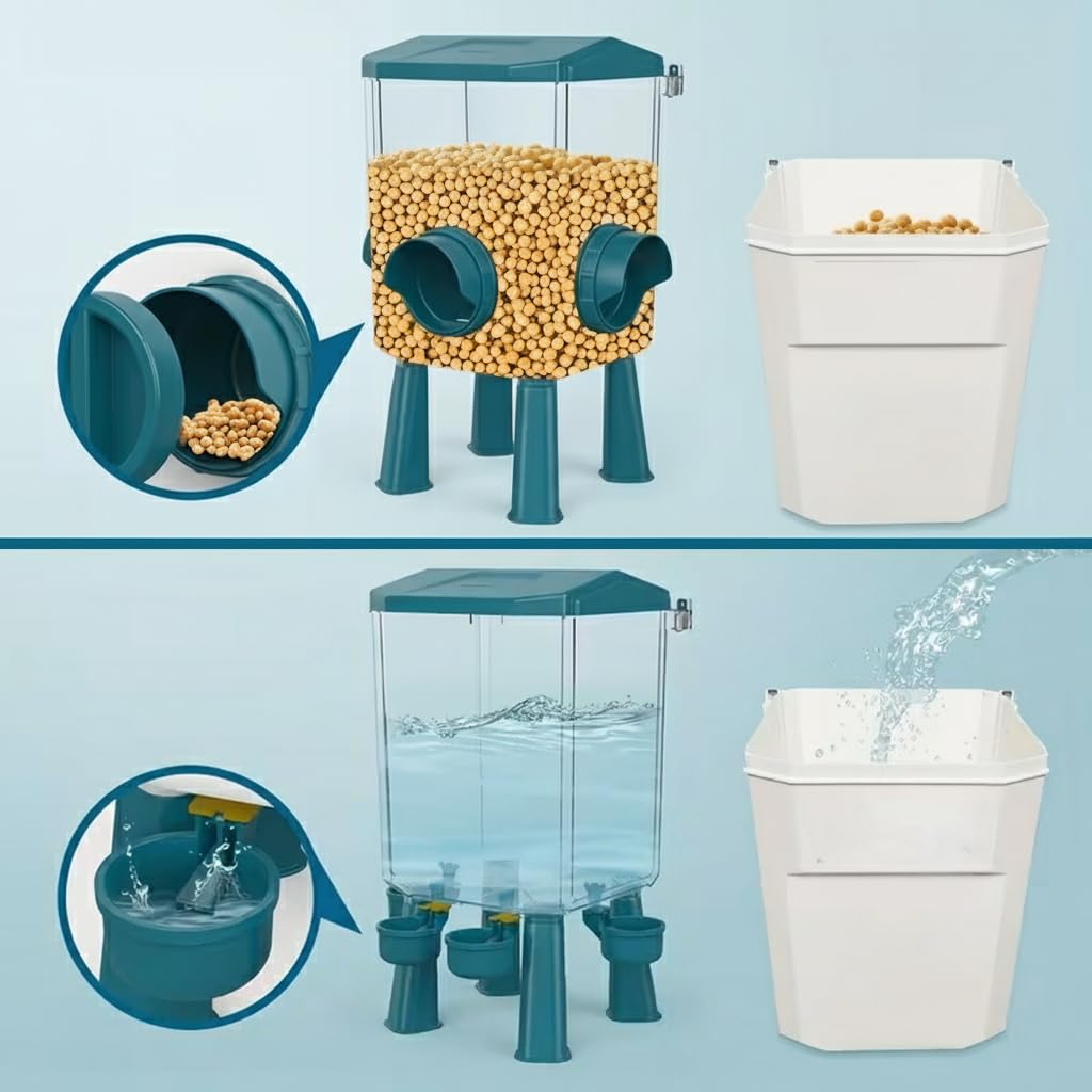 Easy Media Abbeveratoio 12 kg + Mangiatoia 11 L per Galline, Anatre, Oche, Polli, Pollame – sistema automatico, antispreco, con 4 Beverini e 3 Bocche di Alimentazione