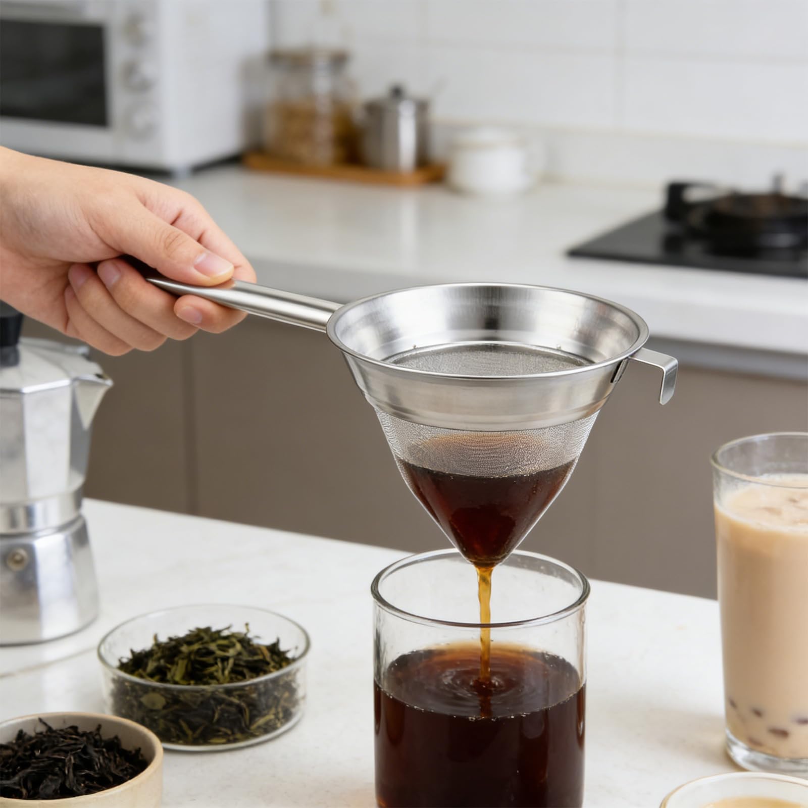 Colador cónico de acero inoxidable 304 con mango largo, tamiz de caldo de malla fina para cocina