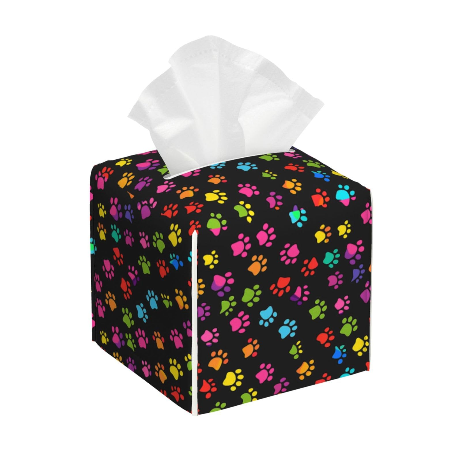Mexpekil Square Tissue Box Cover Colorful Animal Cat Dog Paw Print PU Leather Waterproof Tissue Box Holder Facial Paper Tissue Cube for Car Bathroom Kitchen
