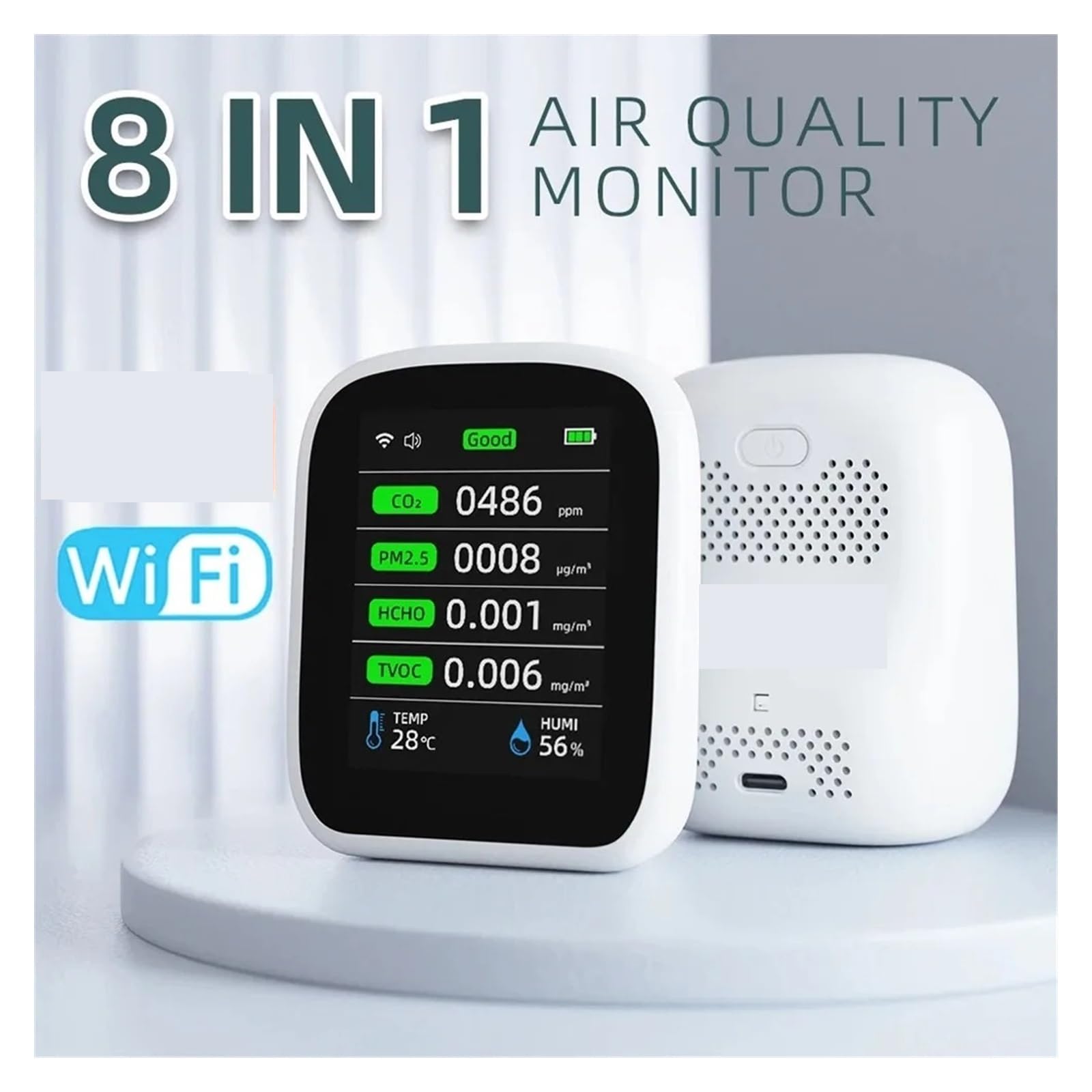Monitor Jakości Powietrza, WIFI 8 W 1 Monitor Jakości Powietrza CO2 HCHO TVOC PM1.0 PM2.5 PM10 Tester Miernik Temperatury I Wilgotności Detektor Dwutlenku Węgla