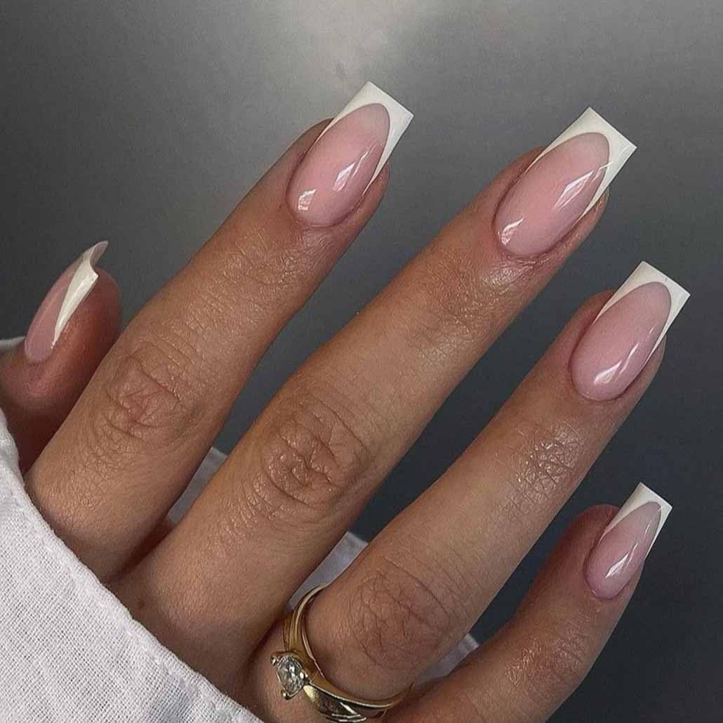 Foccna White Press on Nails Medium Long Acrylic False Nails French Fake Nails Square,Artificial Glossy Pink Nails for Women and Girls- 24 pcs