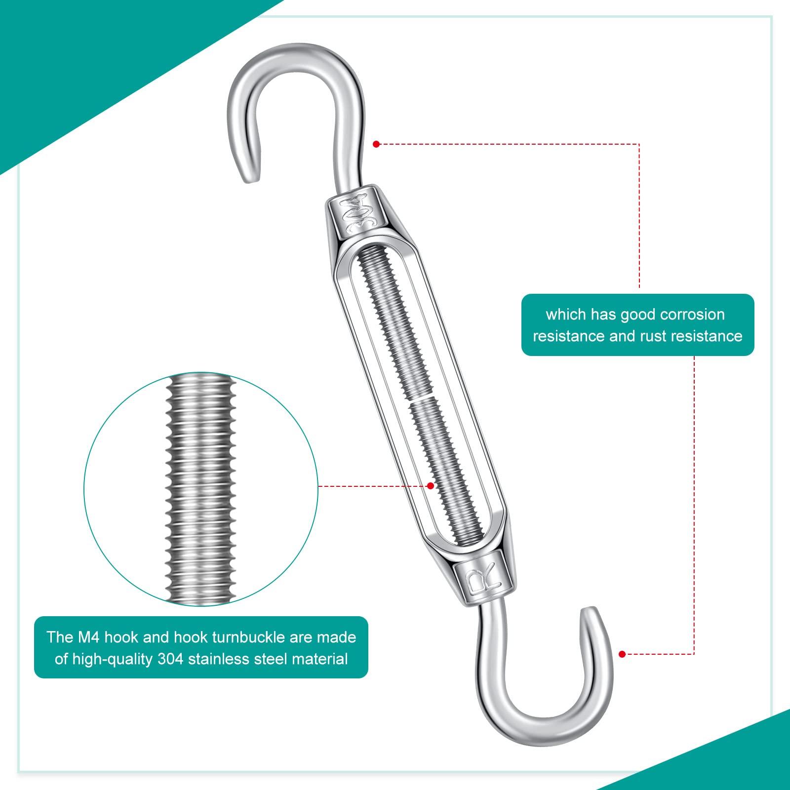 Therwen 24 tenditori da 4 mm con gancio e gancio per tensione di cavi, in acciaio inossidabile 304, per fai da te, per appendere quadri, filo da giardino, recinzione, corda per tenda