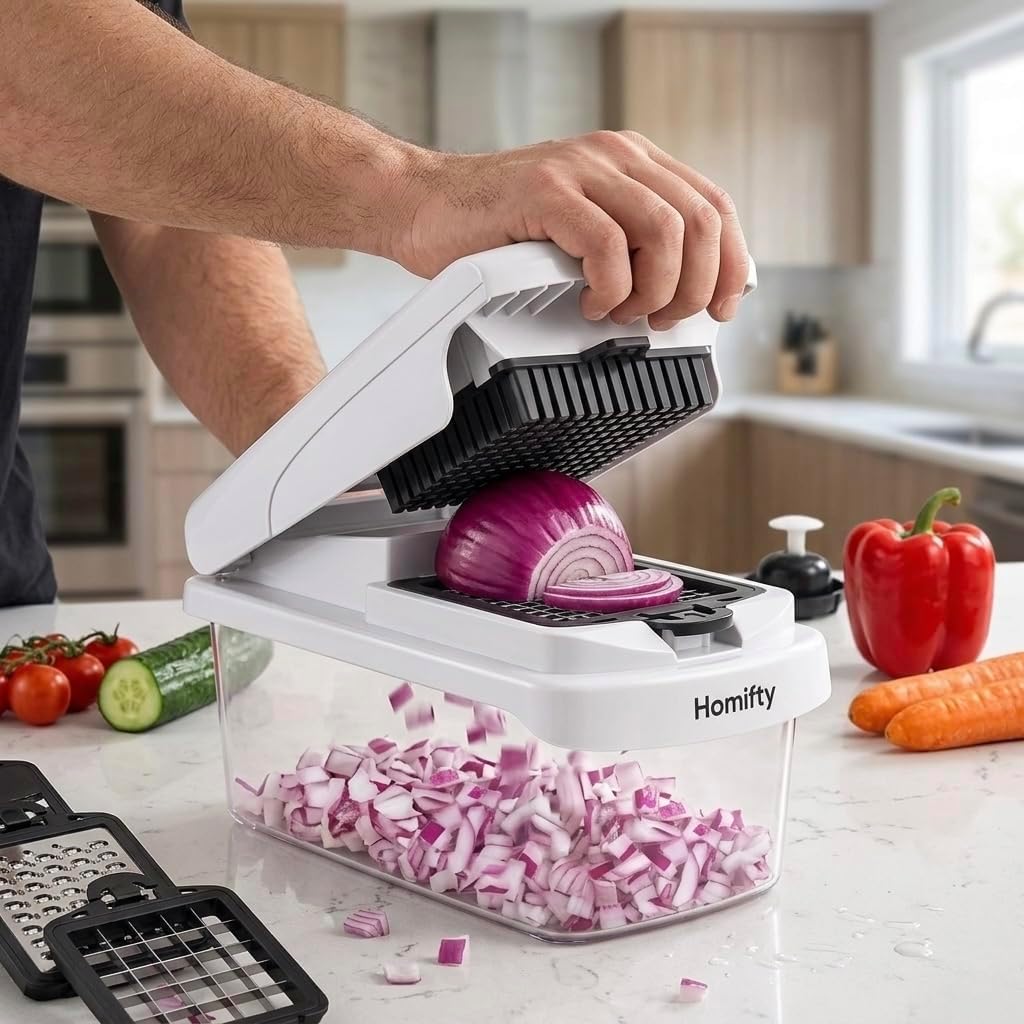Homifty-Vegetable Chopper 18-in-1 – Set with Interchangeable Stainless Steel Blades, Food Dicer and Slicer with Container, Onion Cutter, BPA Free, Dishwasher Safe