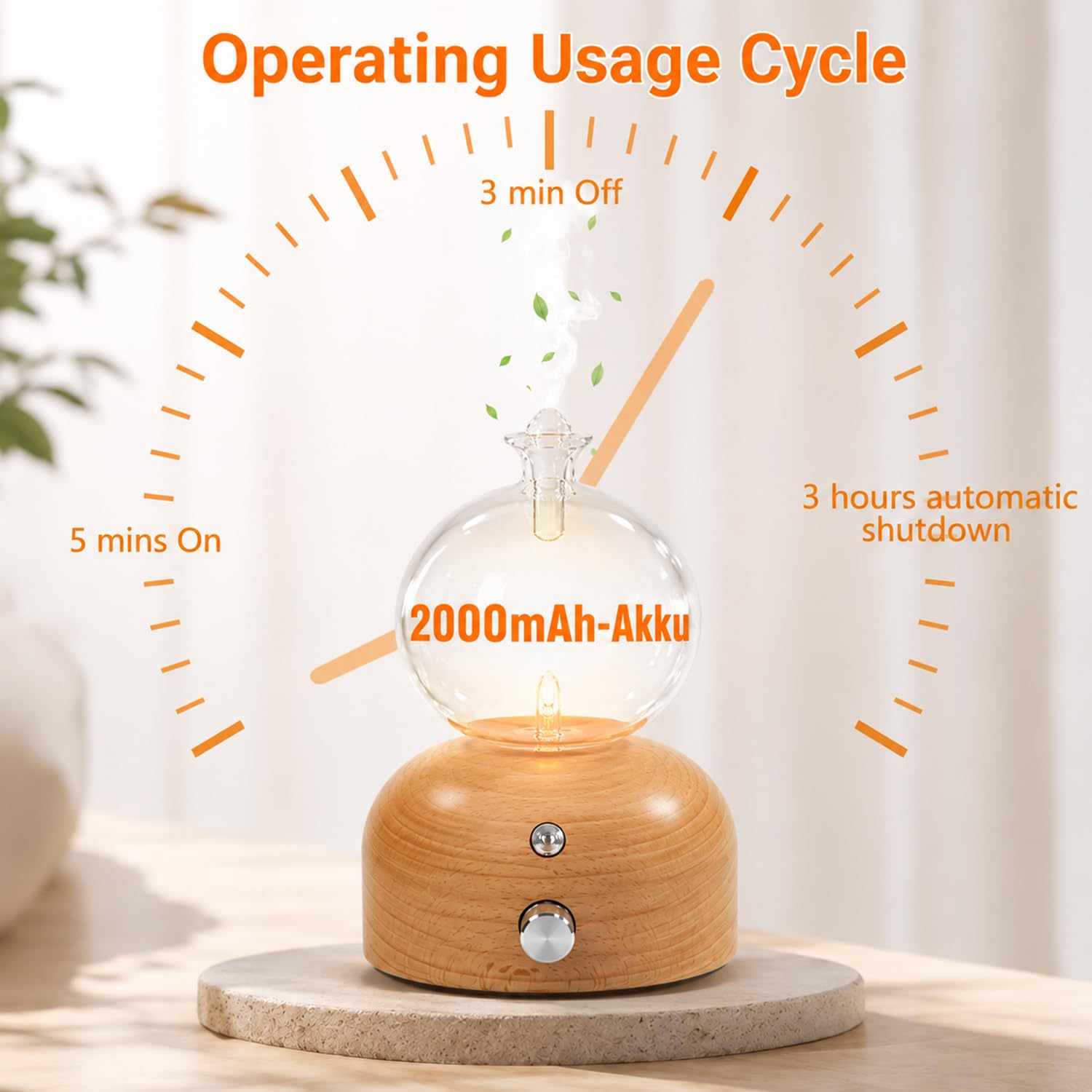 Diffusore di Oli Essenziali, Nebulizzatore Senza Acqua per Aromaterapia in Vetro e Legno Massello Diffusore Ambiente Elettrico Senza Fili per Casa Viaggi Yoga