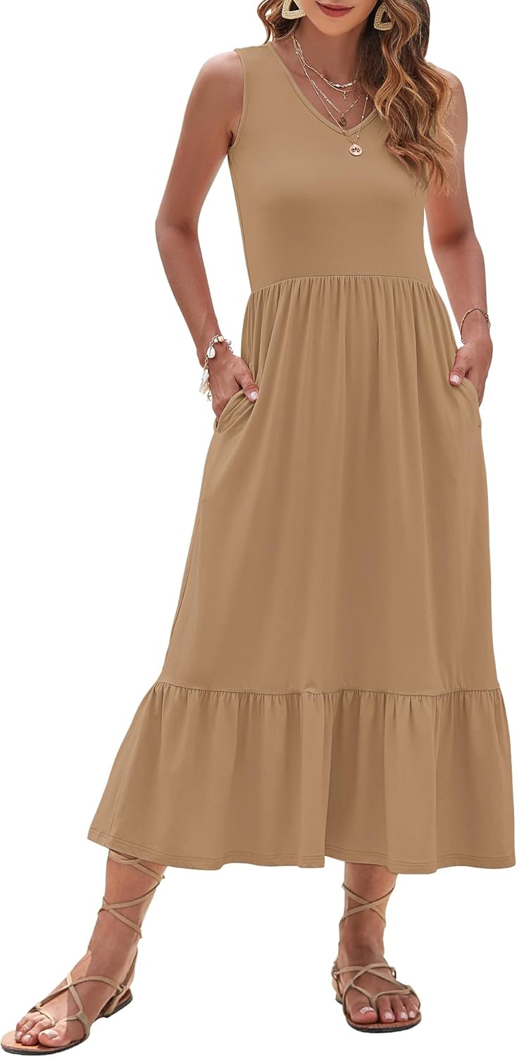 AUSELILY Womens Maxi Dress 2025 Sleeveless Summer Dresses V Neck Casual Tiered Sundresses with Pockets