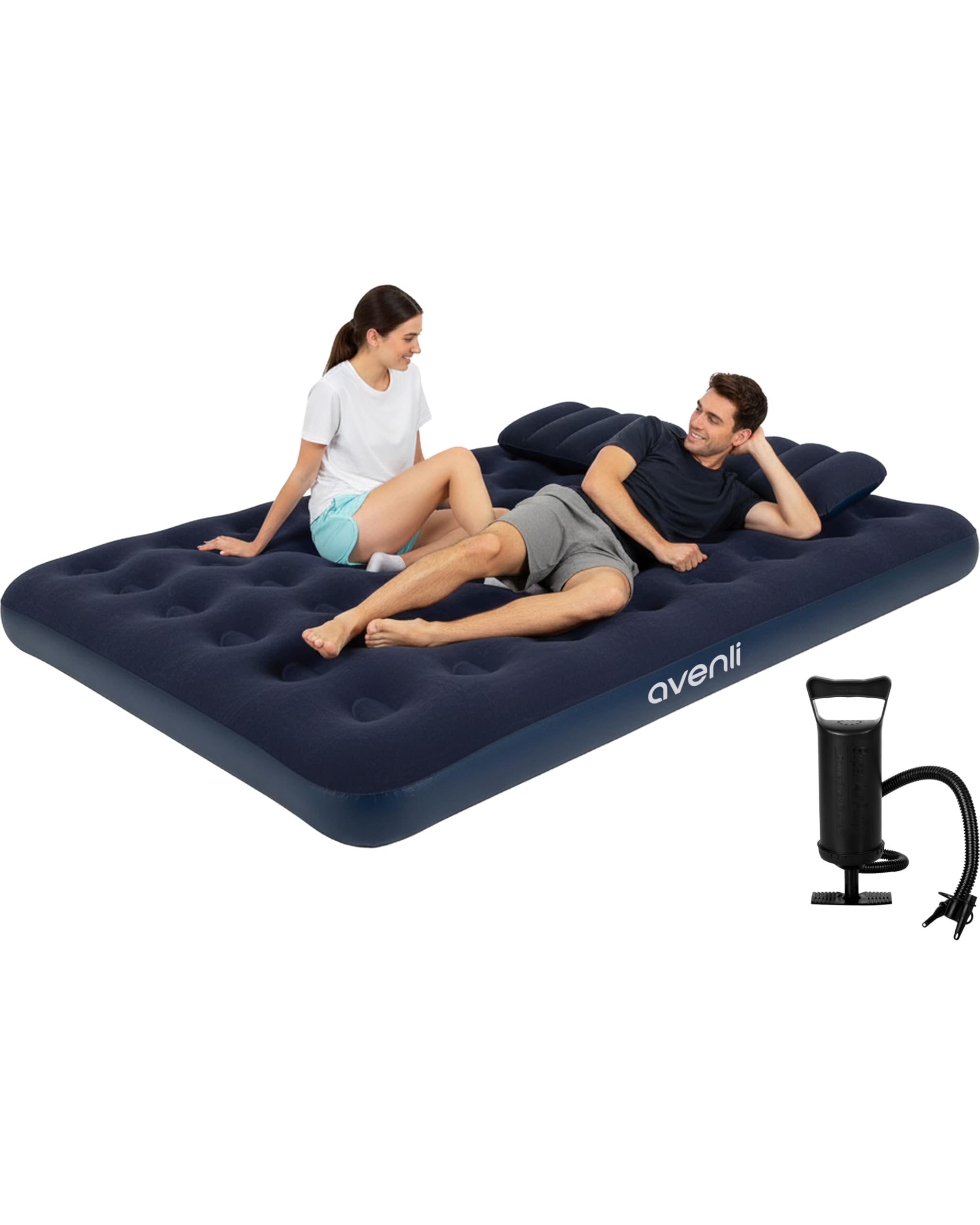 AVENLI Materasso gonfiabile Queen-Size 203x152x22 cm, 2 persone, Coil-Beam, con pompa e 2 cuscini, fino a 300 kg, blu, campeggio letto ospiti outdoor – materasso gonfiabile per 2 persone