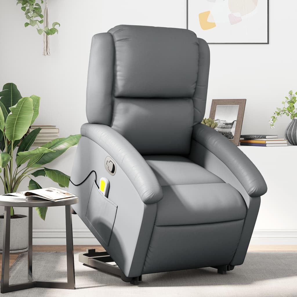 Sillón elevador reclinable con masaje de 6 puntos, color gris, piel sintética, función de elevación eléctrica y vibración, estructura estable de madera y metal, asiento cómodo