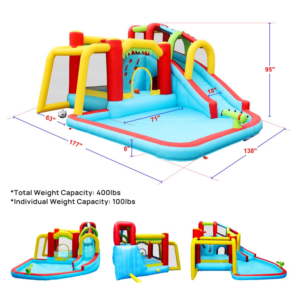 7-in-1 Inflatable Water Park with Slide, Splash Pool & Climbing Wall – Kids Outdoor Bounce House with Basketball, Water Gun, Backyard Play Center