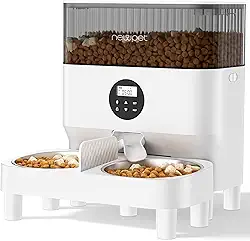 Elevado Comedouro para 2 Gatos, 5L Alimentador Automático Gatos WIFI Comedouro Automatico Pet com Suporte Elevado e Tigela de Aço Inoxidável,Chamada de refeição