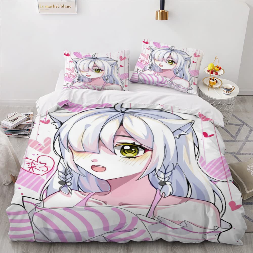 Housse de Couette 220x240 cm Dessin Animé Japonais Parure de lit Adulte 2 Personnes Manga Fille Microfibre avec Fermeture Éclair avec 2 Taies d'oreillers 65 x 65 cm