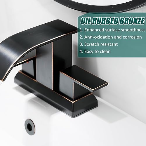 Miniatura 4 de Hoimpro Grifo de baño de 3 agujeros de 4 pulgadas, grifo de baño de bronce aceitado en cascada, dos asas, juego central, grifo de lavabo de baño,