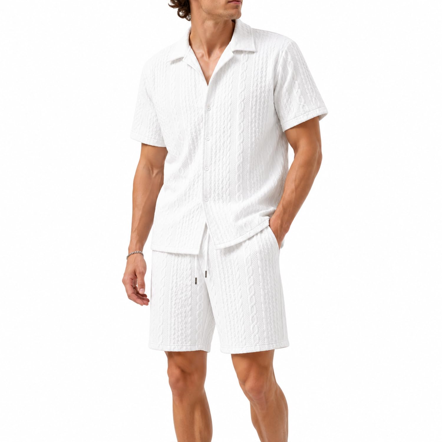 FARVALUE Men Raised Texture 2 Piece Set Short Sleeve Button Down Shirt &amp; Drawstring Pocket Shorts Summer Beach Casual Outfit