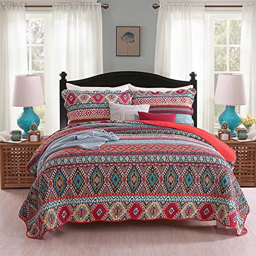 Y-PLWOMEN Bohemian Halloween Bedspread Quilt Sets - 100% Cotton Patchwork Coverlet Set Red Striped Boho Style Bed Coverlet,All-Season,3 Piece,King Size…