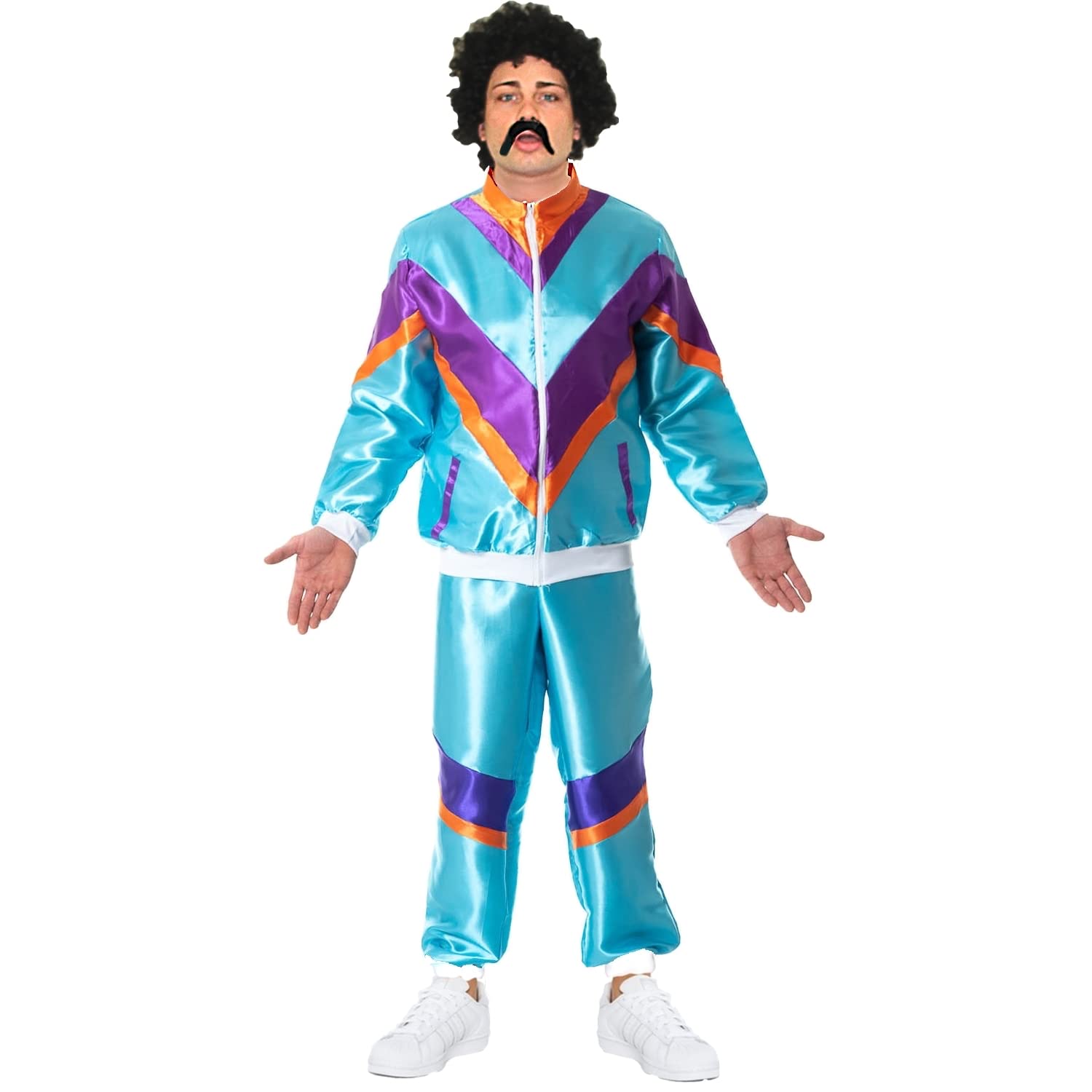 SoWest 80s Turquoise Shell Suit Fancy Dress Bundle – Unisex Jacket, Trousers with Wig & Moustache | 80s Disco, Party, Carnival, Theme Parties for 1980s Dress Up Costume - 2XL