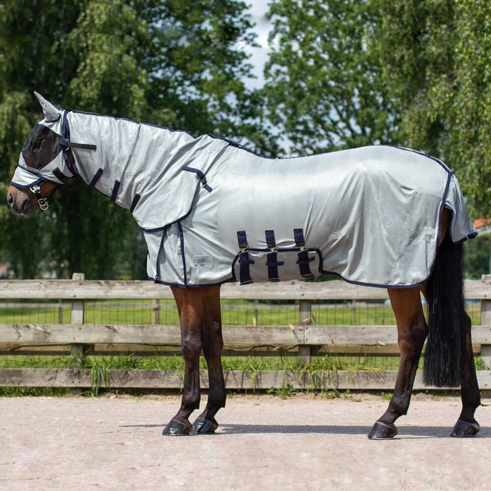 QHP – Manta antimoscas para caballo con sombrero y cuello, 3 cinturones en el viente y cierre frontal