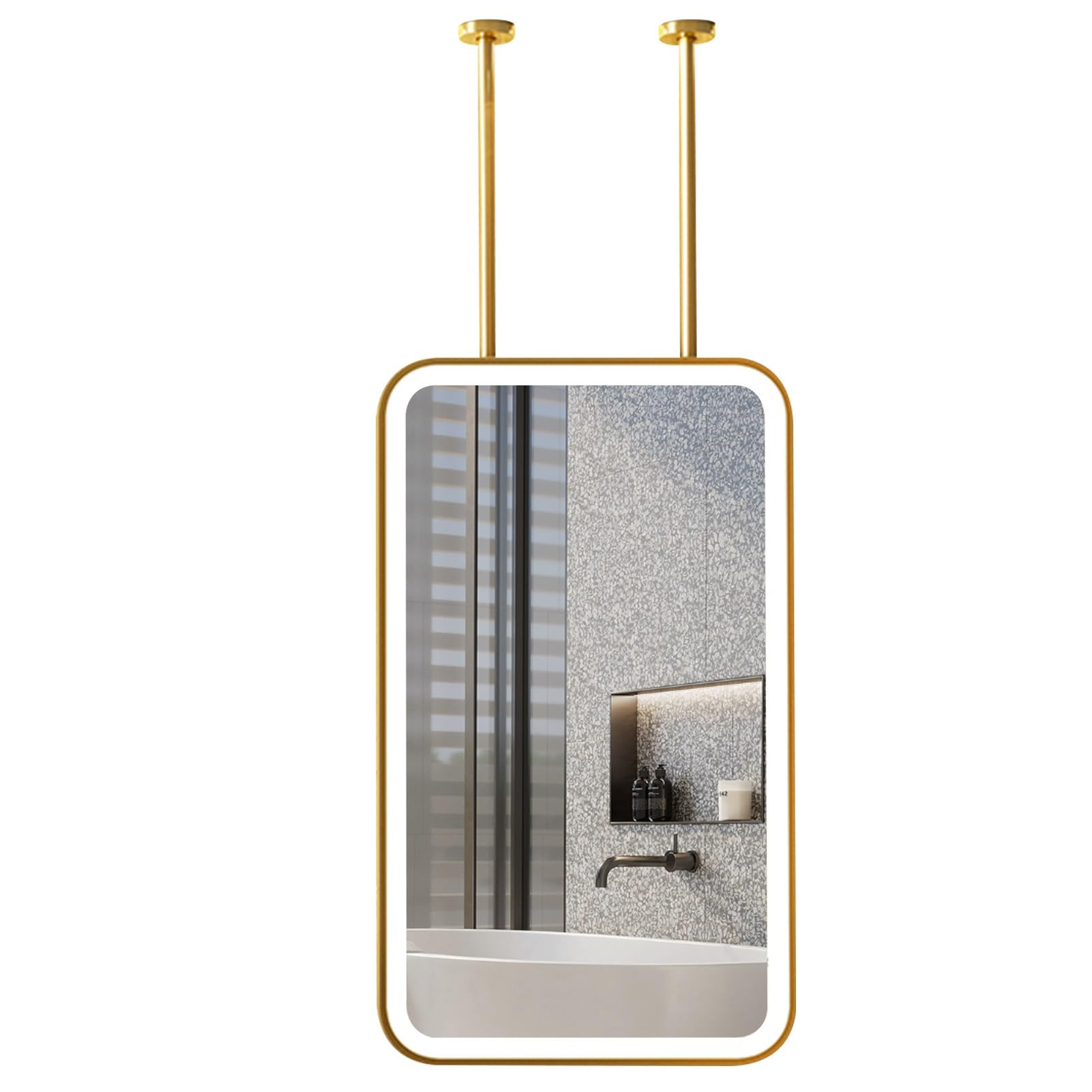 GLJTUO LED Ceiling Hanging Mirror, 3 Colours Dimmable Light, Bathroom Makeup Shaving Mirrors Wall Mounted Mirror with Metal Frame and Double Booms, Floating HD Mirror,size_name-70L x 50W cm
