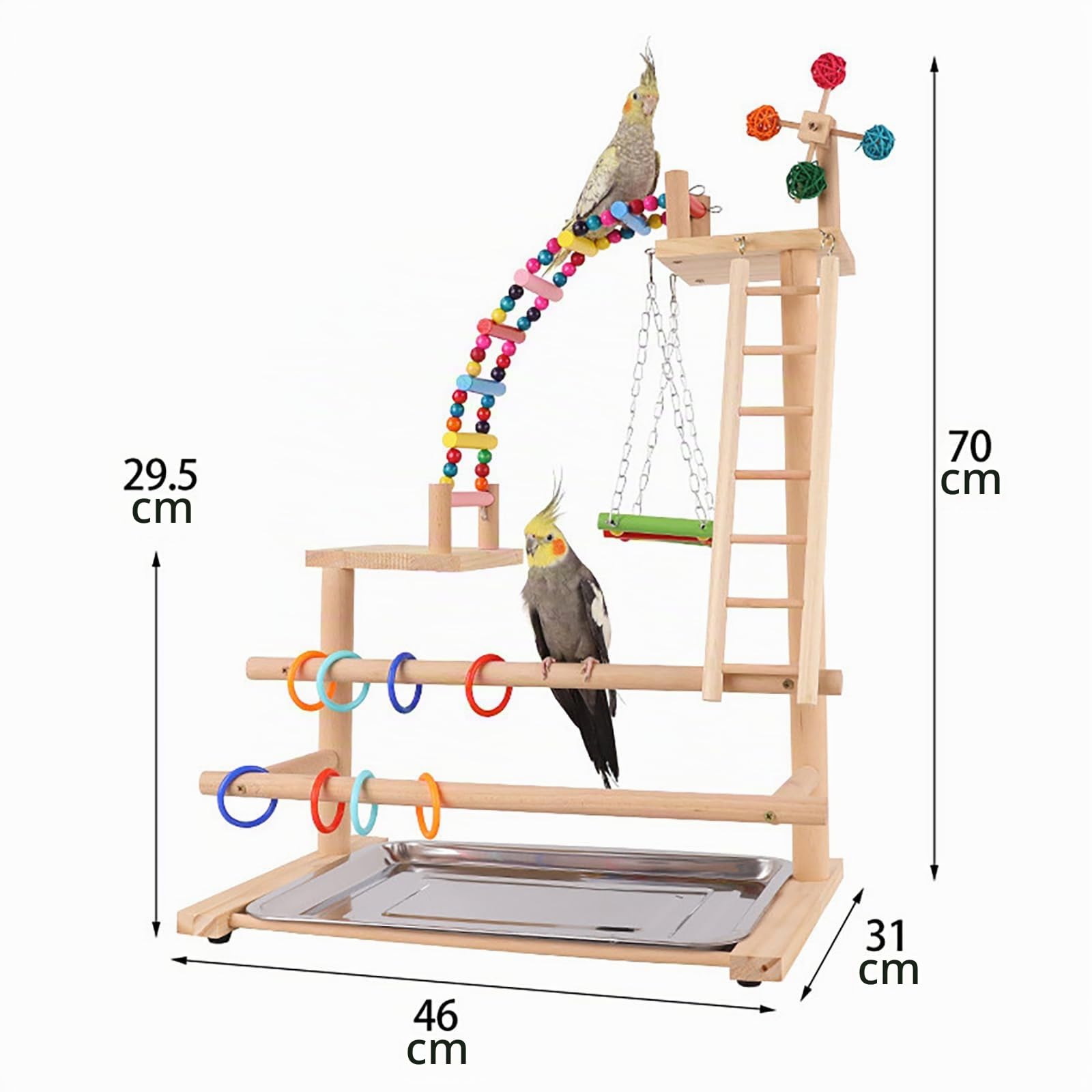 Parco Giochi per Pappagalli, Palestra per Uccelli con Posatoi in Legno Naturale - Terreno di Gioco per Pappagallini, Cacatua, Cocorite con Scala, Altalena e Supporto Tazza - 46x31x70cm