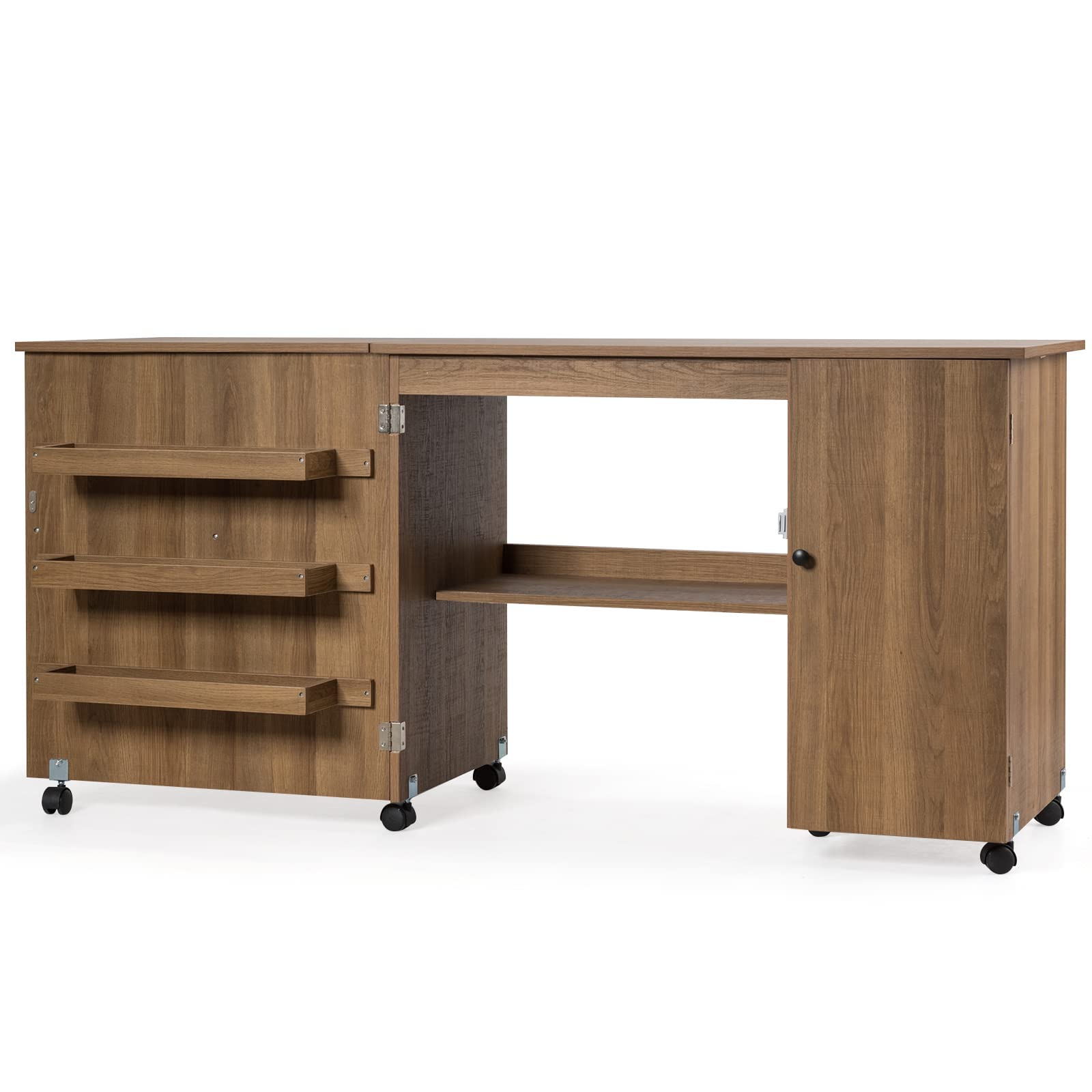 RELAX4LIFE Table de Machine à Coudre Pliable avec 4 Etagères et Armoire Latérale, Armoire à Machine à Coudre avec 6 roulettes et Freins, 158x50x74CM, Blanc/Naturel/Brun (L, Brun)