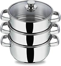 Vinod Stainless Steel 3-Tier Steamer – 20 cm | Momo & Modak Maker | Vegetable Steamer with Glass Lid & Riveted Handles | Induction & Gas Compatible, Silver