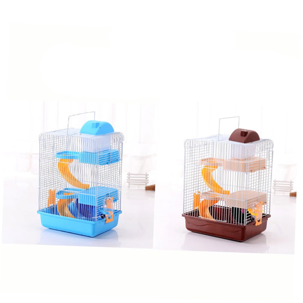 Gabbia per Criceti a Tre Livelli, Villa Lussuosa Blu 23×17×45 Cm | Pp e Ferro, Design a Scorrimento Multistrato, Ruota Inclusa, Beverino a Tenuta per Piccoli Animali