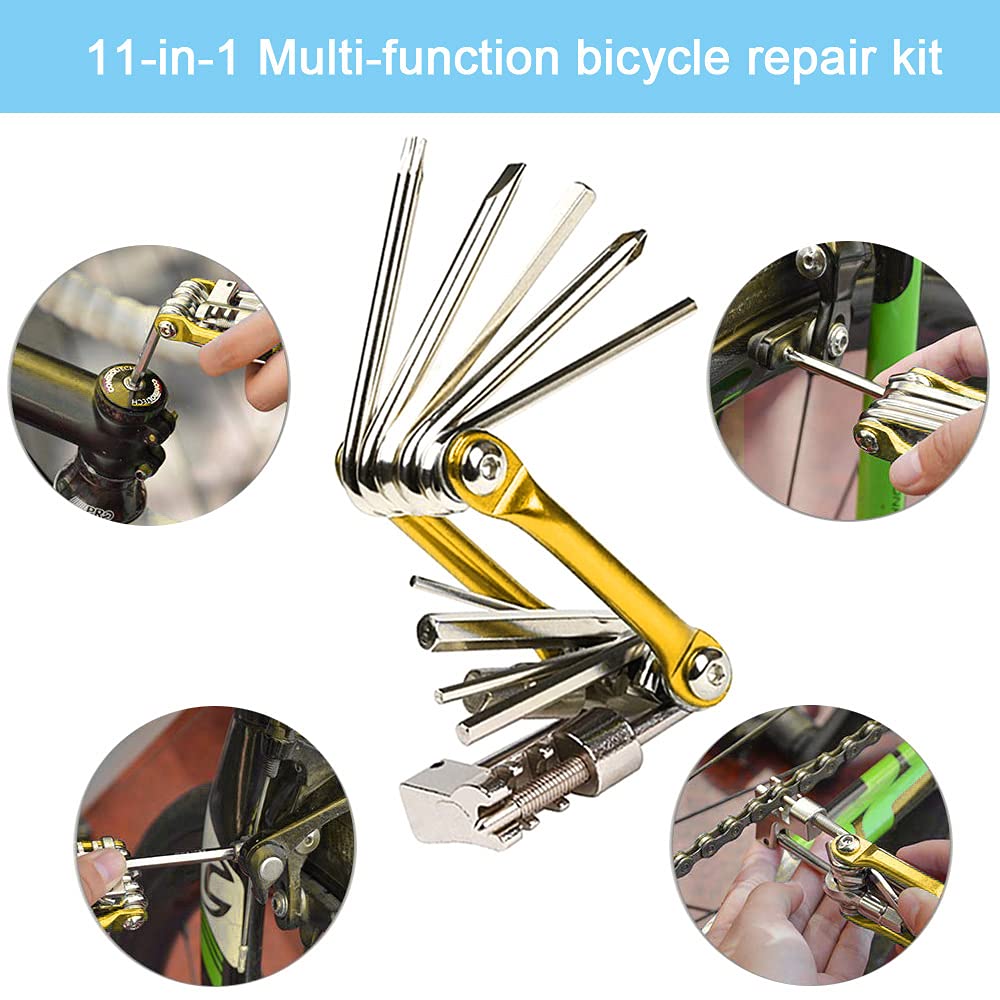 11 en 1 Multifunción Bicicleta Herramienta, Kit Multiherramienta Bicicleta Portátil Compacta Reparación y Mantenimiento (Dorado)