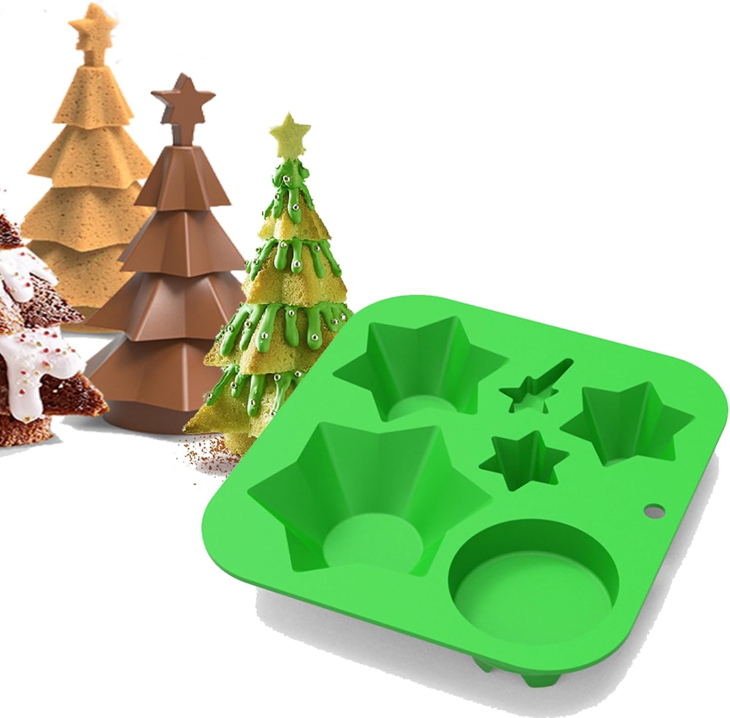 3D Christmas Tree Cake Silicone Molds, Cake Decorating Pastry Baking Tools 6 Cavities Christmas Tree DIY Mold for Cakes Candies Chocolates Jelly Xmas Themed Treat Baking & Freezing Tray-image-1