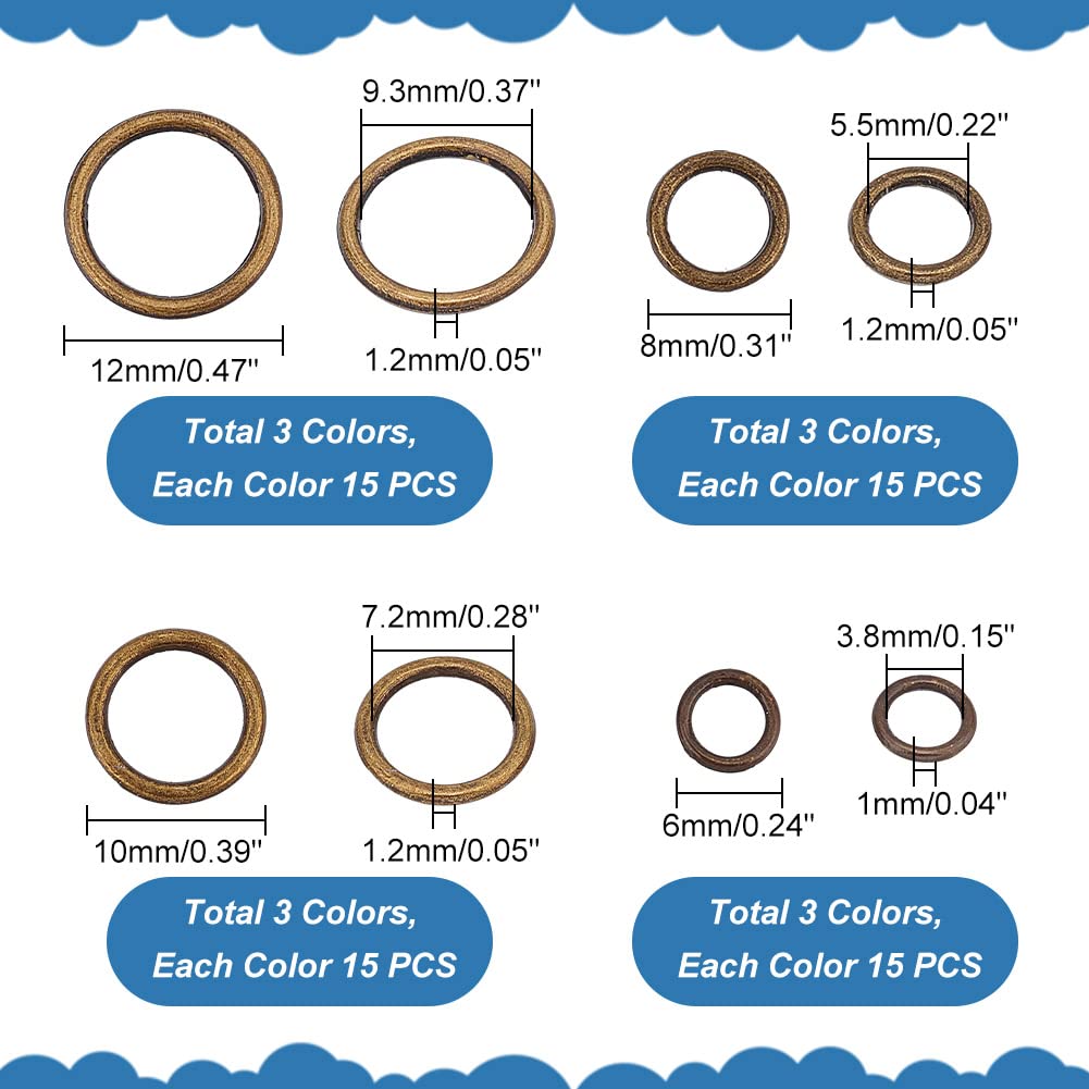 PandaHall 285pcs Jump Rings, 4 Sizes Closed Jump Rings Connectors Junction Rings 6/8/10/12mm Round Ring Small Jewelry Rings for Jewelry Bracelet Necklace Making Craft Making, 3 Colors