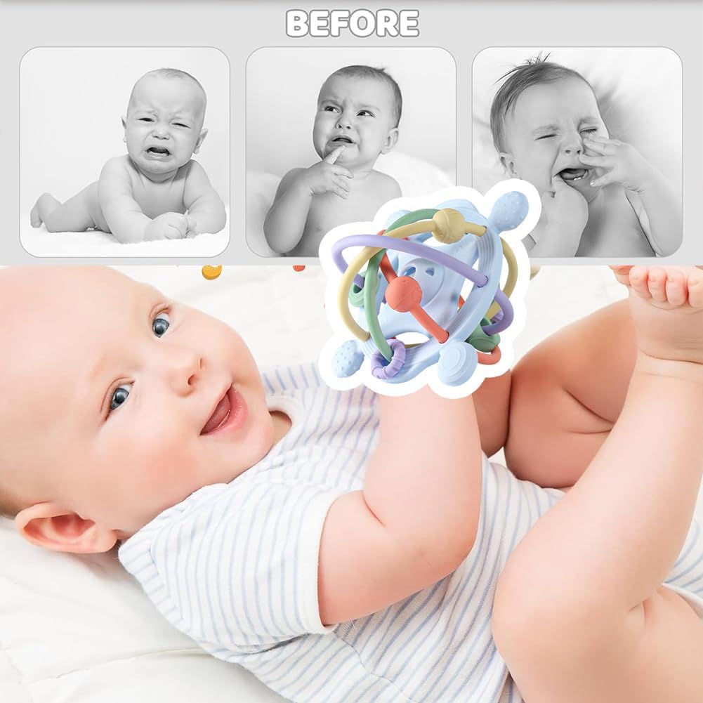 Juguete Mordedor Pelota Bebé, Juguetes Sensoriales para La Dentición Juguete de Denticion Sonajero para Bebe Juguetes Educativo Temprano Montessori para Bebés de 3 a 18 Meses(Azul)