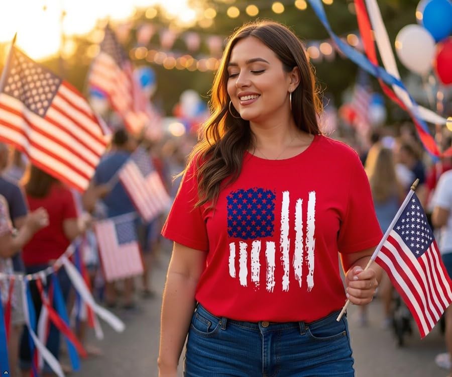 Image of ForHailey Women's 4th of July Patriotic Shirts Graphic Tees USA Shirt American Flag Short Sleeve Tunic Tops