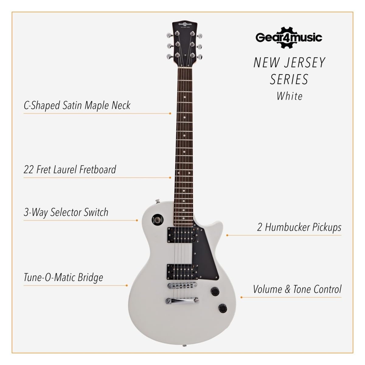 Chitarra Elettrica New Jersey Bianca, Ampli 10W e Accessori | Tutto ciò che Serve a un Chitarrista in Erba, Ampli Portatile con EQ 2 Bande e Uscita Cuffie, Manico Comodo, Accessori
