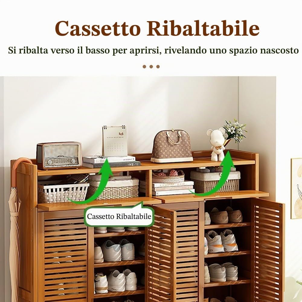 Armadietto Portascarpe in bambù Massiccio, Organizer Portascarpe Verticale Moderno con 2 Cassetti e 4 Ante, Scarpiera Ingresso per Ingresso Corridoio