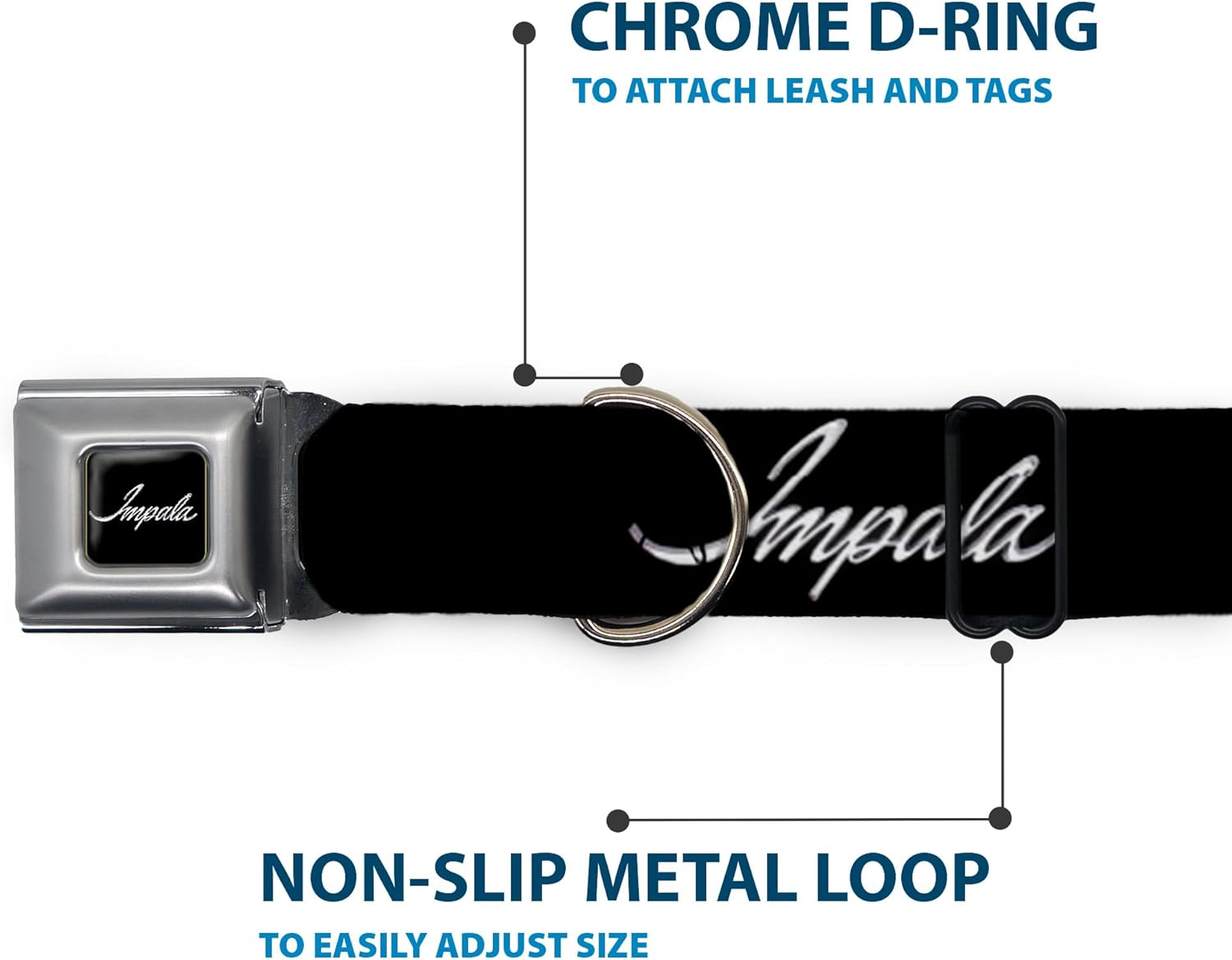 Dog Collar Seatbelt Buckle Impala Script Emblem Black Silver 18 to 32 Inches 1.5 Inch Wide