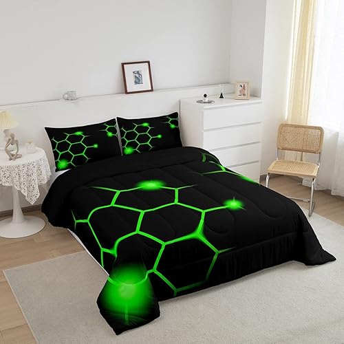 Miniatura 2 de Juego de edredón hexagonal geométrico de panal para niños y adultos, color verde neón, negro, juego de edredón moderno hexagonal de colmena ultra