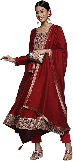 Libas Embroidered Silk Blend Anarkali Kurta With Churidar and Dupatta