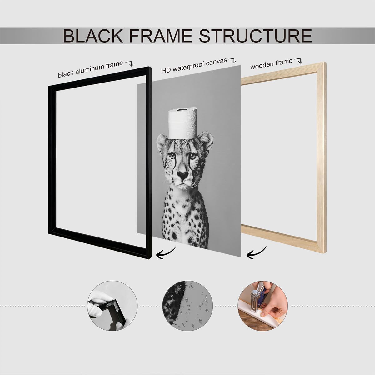 Funny Animal Bathroom Canvas Wall Art, Cheetah Overhead Toilet Paper Roll Poster, Black and White Restroom Wall Print, Funky Modern Guestroom Animal Painting Picture Wall Decor 8x12in Wrapped Canvas