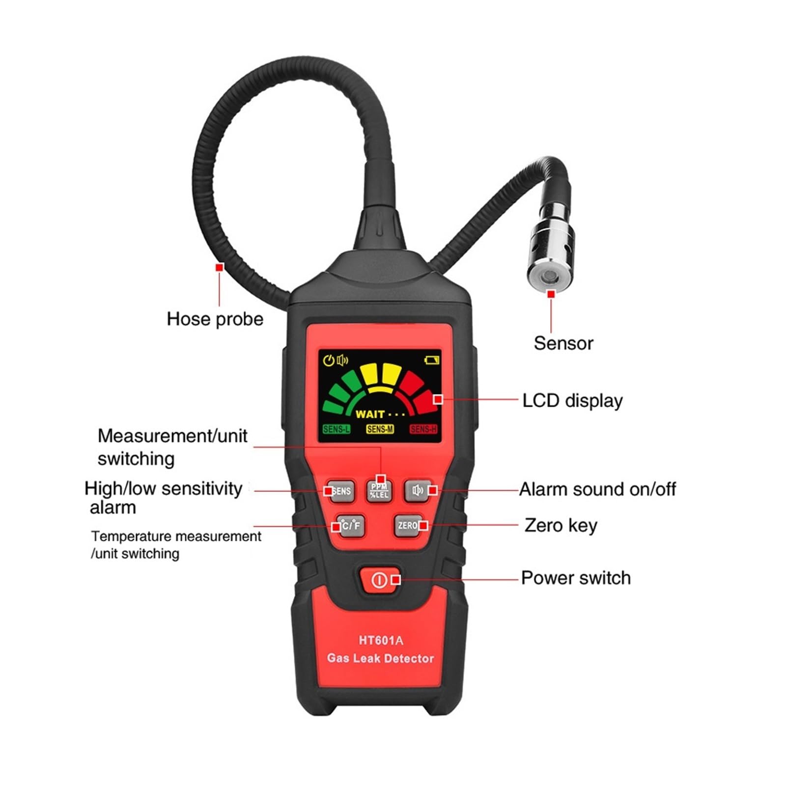 Gasdetektor, HT601A Erdgas-Lecksuchgerät, 50-1000 ppm, Ton- und Bildschirmalarm, brennbares, entflammbares Methangas-Lecksuchgerät