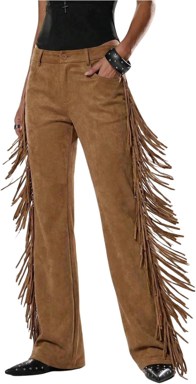 Floerns Women's Western Fringe Pants Low Rise Cowgirls Festival Concert Flared Trousers