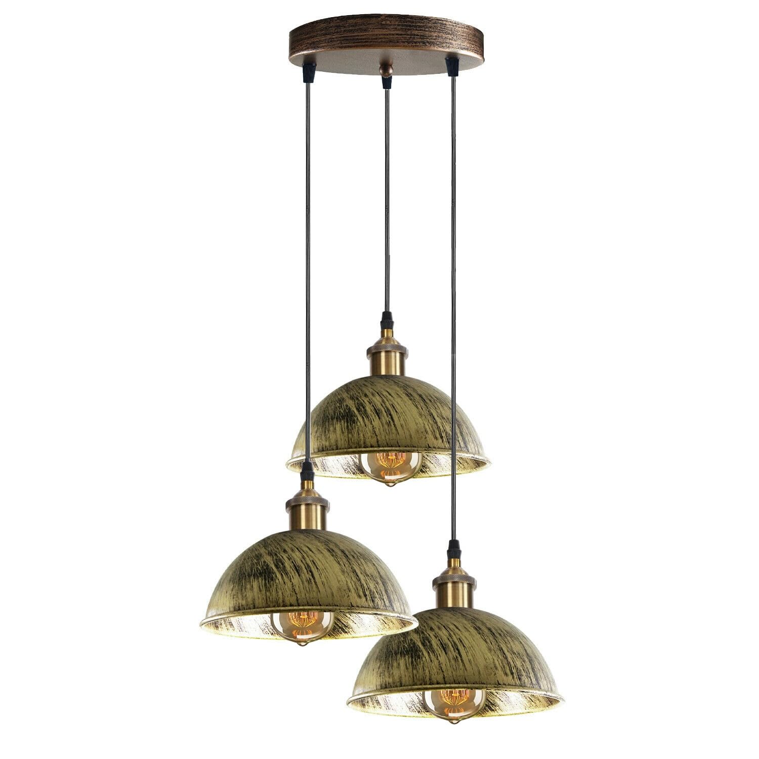 Ledsone Brushed Brass Vintage 3 Head Dome Pendant Light Industrial Ceiling Lamp