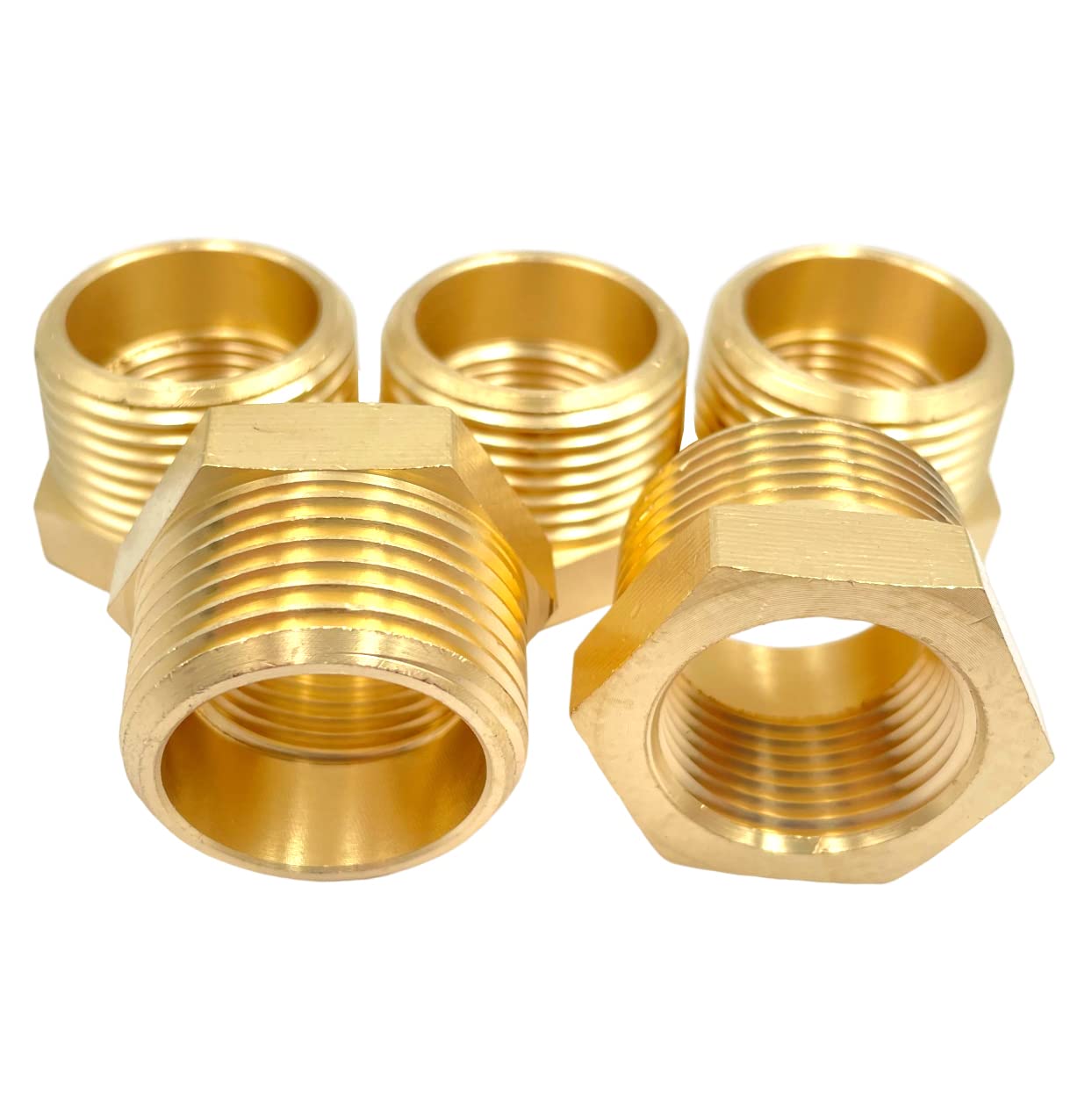 5pcs Brass Hex Bushing Reducer,1" NPT Male x 3/4" NPT Female Brass Threaded Pipe Fitting Adapter for fluid air gas oil and fuel Pipe