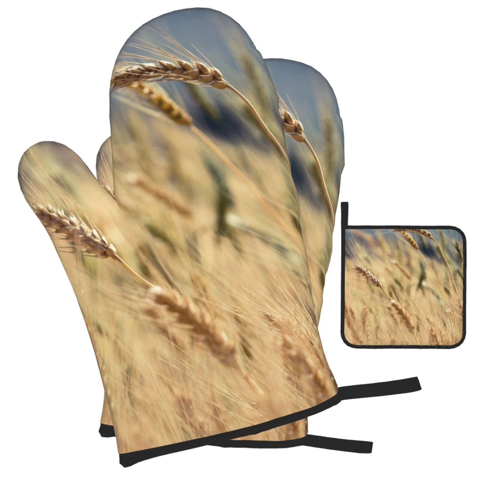 Wheat Printed Oven Mitts and Pot Holders Heat Resistant Set of 3 Pcs, Modern Kitchen Gloves & Potholders for Cooking Baking Grilling