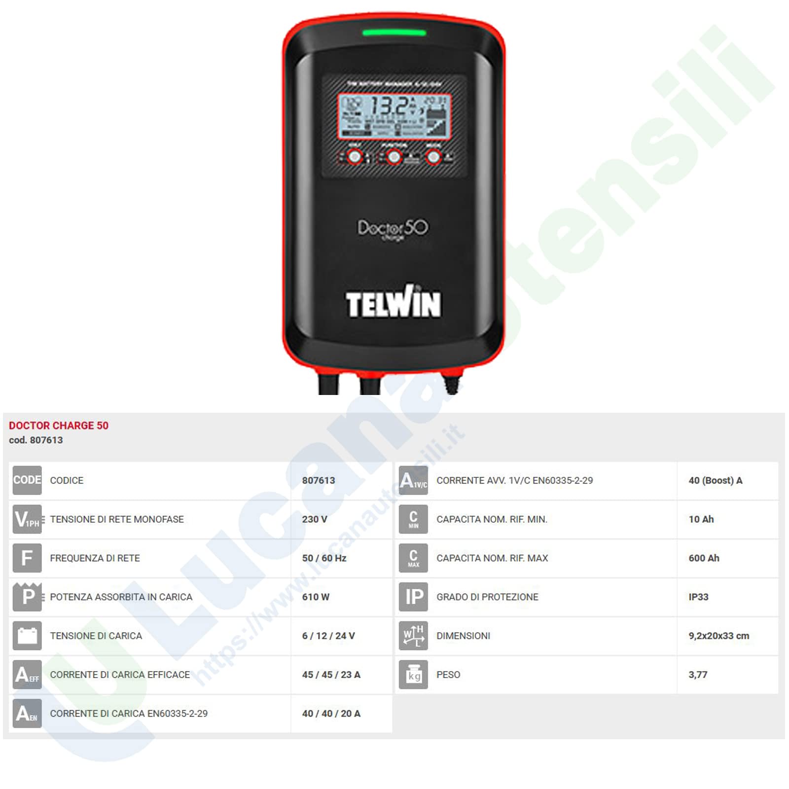 Lucana Utensili Caricabatterie elettronico Multifunzione 6V 12V 24V per Batterie Auto Moto TELWIN Tester Diagnostica Doctor Charge 50 Edizione 2023 - cod. 807613