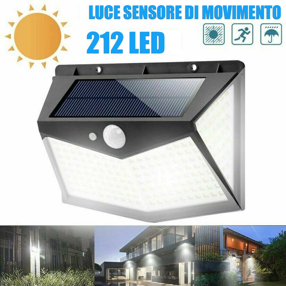 Kit 4 Pezzi Faro Faretto Solare 212 Led Pannello Con Sensore Movimento Crepuscolare Luce Bianca Fredda 6500K Lampada Da Parete Ambiente Esterno Bancole Giardino Vialetto