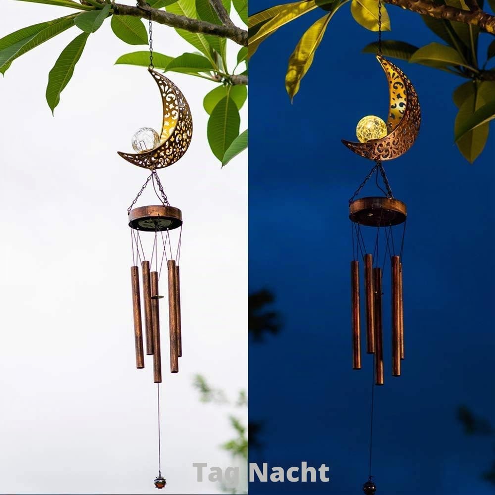 lifemet Windspiel, Solarleuchten – angetriebene LED-Mond-Nachtlichter, für den Außenbereich, Garten, wasserdicht, Metall, Windglocken-Licht, Lampe für Terrasse, Deck, Rasen, Hof, Terrasse