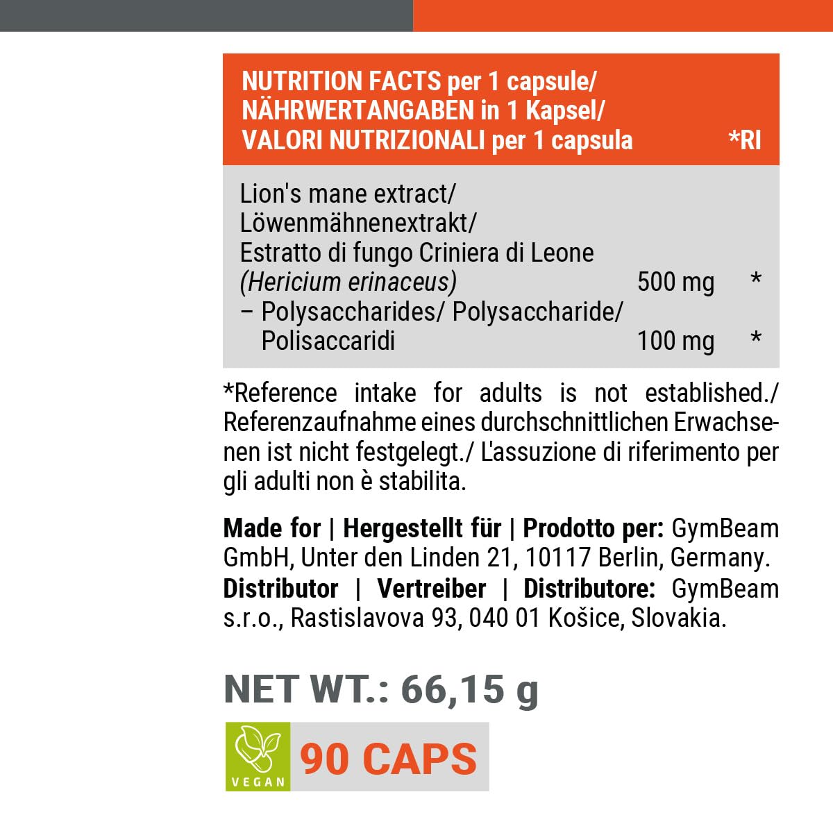 GymBeam Estratto di Hericium (Criniera di Leone), Fungo di Criniera, Hericium Erinaceus, Lions Mane, Nootropico per Memoria e Concentrazione, 20% Polisaccaridi, Capsule Vegane