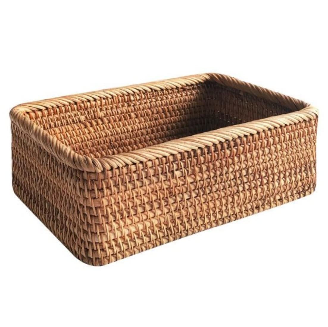 CAKEEYUM Rattan Storage Baskets Rectangle Woven Bread Basket Rectangular Wicker Serving Organizer Tray Rattan Fruit Basket for Kitchen Countertop Bathroom Living Room Brown