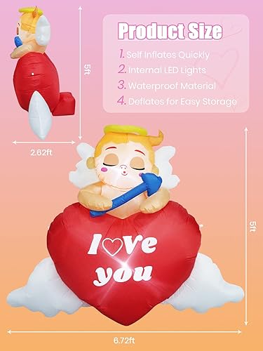 Miniatura 4 de TOROKOM Cupido inflable para el día de San Valentín con corazón de amor luces LED integradas de 5 pies de alto decoración de patio dulce San