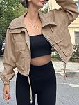 Femmes Cropped Bomber Jacket Léger Militaire Automne Utilitaire Safari Zip vers le haut Anorak manteau avec des poches
